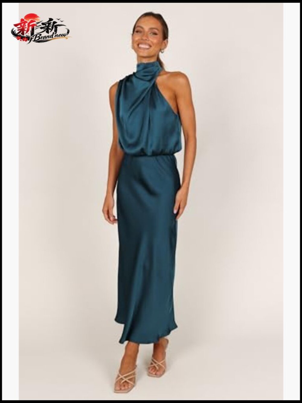 Halter Neck Midi Dress with Asymmetric Neckline and Back Zip - Picture 6 of 6
